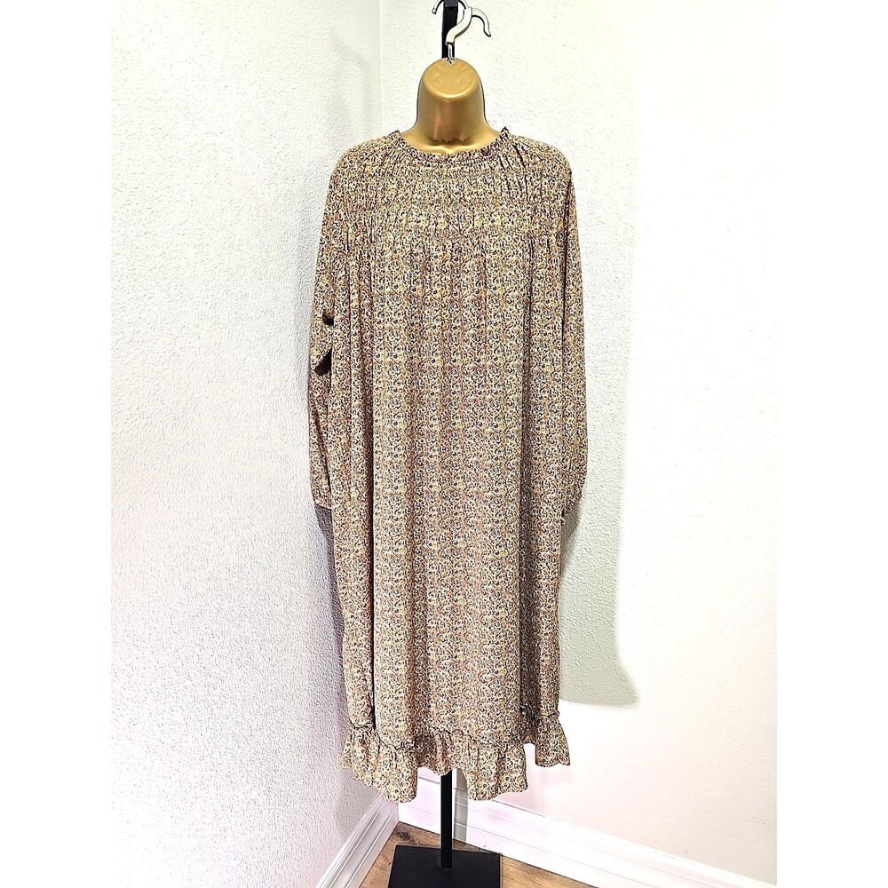 indigo soul Floral Smocked Midi Dress in Tan and Cream